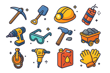 Colorful Mine Tools. Colorful isometric vector icons set of mine tools and equipment: pickaxe, shovel, helmet with light, dynamite bundle, mining drill, safety