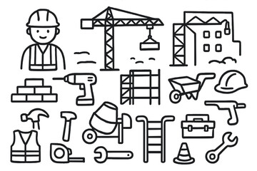 Urban Construction Doodle. Hand-drawn doodle illustration [urban construction site] [worker, crane, scaffolding, bricks, cement mixer, hammer, drill,