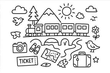Scenic Train Adventure. Hand-drawn doodle illustration Scenic train ride [train, mountain, tree, sun, cloud, river, bridge, camera, binoculars, map, ticket,