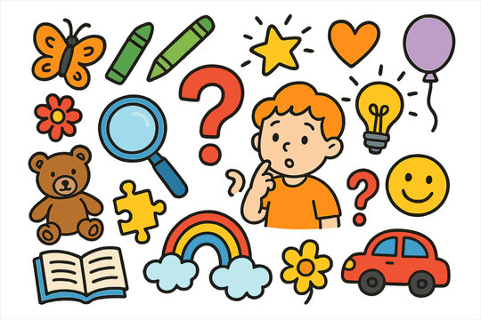 Colorful Children Doodle. Colorful Hand-drawn doodle Children illustration Asking questions question mark, magnifying glass, book, crayon, puzzle piece, star,