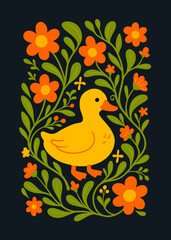 Folk Art Yellow Duckling Surrounded by Orange Flowers and Green Leaves on Dark Background