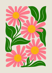Folk Art Pink Daisy Flowers with Green Leaves on Light Beige Background