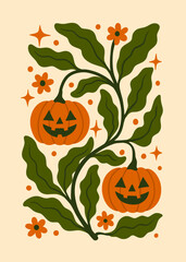 Folk Art Halloween Pumpkins with Green Leaves and Flowers on Beige Background