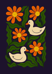 Folk Art Ducks with Orange Flowers and Green Leaves on Dark Background