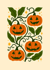 Folk Art Halloween Jack O Lanterns with Vines and Stars on Beige Background
