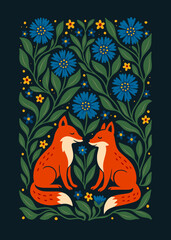 Folk Art Illustration of Two Red Foxes Surrounded by Blue Flowers and Green Leaves on Dark Background