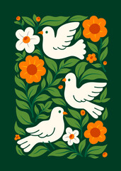 Folk Art Illustration of Three White Doves with Orange and White Flowers on Green Background