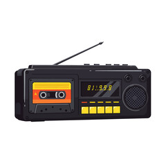 Fototapeta premium A retro black boombox with a colorful cassette tape inserted, featuring a digital display and radio antenna.