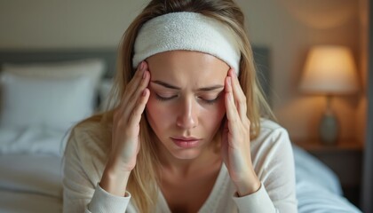 Young woman sits in bed with headache, experiencing flu symptoms. Holds head, eyes closed, showing discomfort, fatigue. Soft natural light filters into cozy bedroom, creating serene yet worried