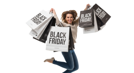Happy woman jumping with shopping bags on black friday, isolated on transparent background