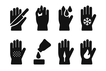 Obraz premium Safety Glove Icons. Solid, filled icon set of glove safety features: cut resistant, heat resistant, waterproof, insulated, anti-slip, chemical resistant,