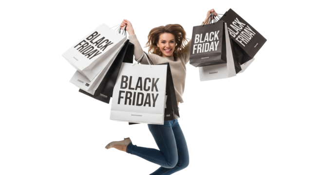 Happy woman jumping with shopping bags on black friday, isolated on transparent background - Powered by Adobe