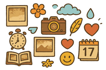 Vintage Doodle Collage. Colorful Hand-drawn doodle Children illustration Faded Photographs vintage photo, photo frame, sepia tone, old camera, flower, soft