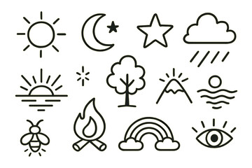 Nature Icon Doodles. Hand-drawn doodle illustration natural illumination sun, moon, star, cloud, rays of light, dawn horizon, spark, tree, water reflection,