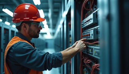 Electrician wearing hard hat, safety vest inspects electrical panel in commercial building. Technician uses expertise examining wires, switches, maintaining system. Man works with tools, ensuring