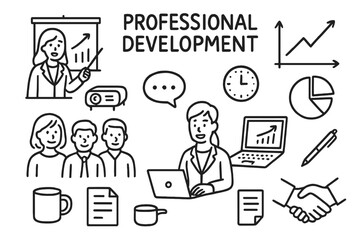 Professional Growth Doodles. Professional Development. Hand-drawn doodle illustration professional development businesswoman, employees, laptop, projector,