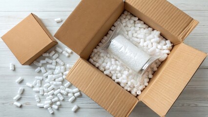 Clear plastic pouch containing white powder packed securely inside a cardboard box filled with protective foam peanuts for shipping.