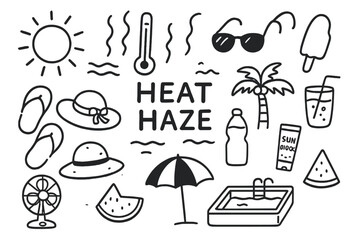 Summer Heat Doodles. Hand-drawn doodle illustration [Heat haze] [sun, thermometer, wavy heat lines, sunglasses, ice cream, fan, flip-flops, sun hat, water