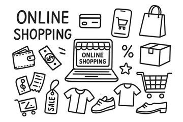 Online Shopping Icons. Hand-drawn doodle illustration Online shopping craze [laptop, smartphone, shopping bag, delivery box, cart, wallet, credit card, cash,