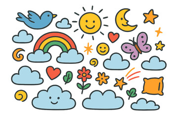 Obraz premium Floating Cloud Doodles. Colorful Hand-drawn doodle Children illustration Floating in the Clouds [clouds, rainbow, star, moon, sun, bird, butterfly, flower,