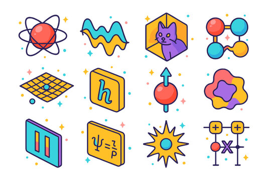 Quantum Physics Icons. Colorful isometric vector icons set of quantum physics essentials: quantum particle, wave function, Schrodinger?s cat, entangled