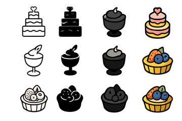 Dessert Icon Set. Icon Set of Grand Dessert Finale: Tiered cake, Chocolate mousse, Fruit tart. Icons set in vector style, emblematic variations. Tiered cake
