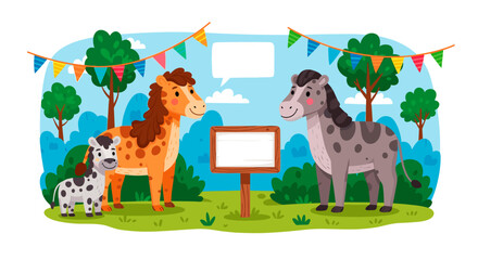 Obraz premium Cartoon animals interacting with a blank sign in a festive park