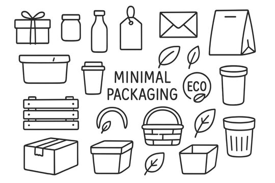 Minimal Packaging Doodles. Minimal packaging. Hand-drawn doodle illustration minimal packaging boxes, string ties, jars, bottles, tags, envelopes, paper bags,