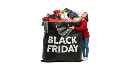 Woman happily hugging a giant black bag overflowing with shopping bags and gifts, isolated on transparent background