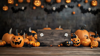 Halloween wooden sign with pumpkins and bats on festive background creates spooky and playful atmosphere
