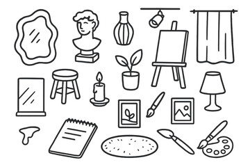 Artistic Home Essentials. Hand-drawn doodle illustration Artistic mirror decor [abstract mirror shape, sculpture, vase, canvas, stool, candle, plant, photo