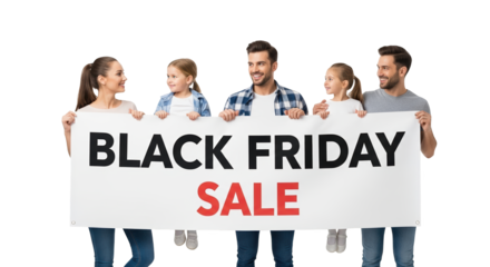 Happy family holding a large banner that says black friday sale, isolated on transparent background