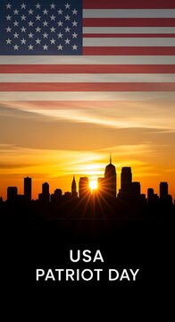 American flag displayed above a silhouette of a city skyline during sunset, commemorating Patriot Day.