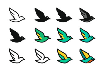 Gliding Bird Logos. Set Logo of Fresh Breeze: Gliding bird. Logo set in vector style, emblematic variations. line, bold thick line, solid black filled, solid