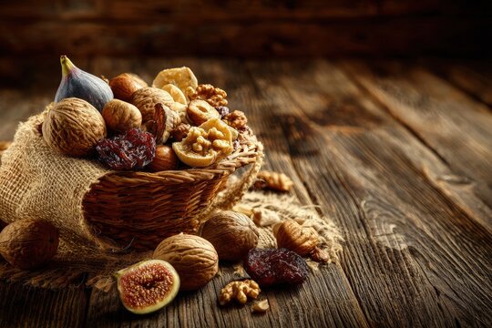 Assorted Nuts And Figs In Basket On Wooden Table
