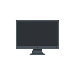 A flat design illustration of a modern desktop computer monitor with a dark, blank screen, isolated on a white background.