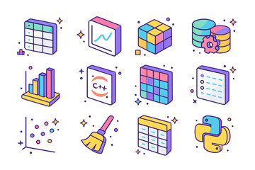 Python Data Icons. Colorful isometric vector icons set of Python for data science: pandas dataframe, matplotlib plot, numpy array, CSV file icon, histogram