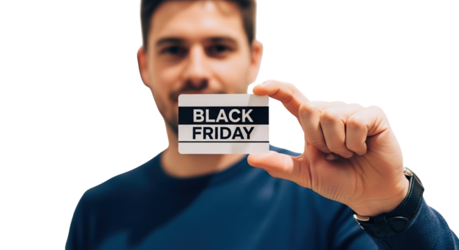 Man holding a small card with the text black friday in black and white letters, isolated on transparent background