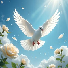 Fototapeta premium White dove with outstretched wings flies through bright blue sky in soft clouds, delicate white flowers. Sunbeams stream down, creating peaceful, hopeful atmosphere. Imagery represents peace,