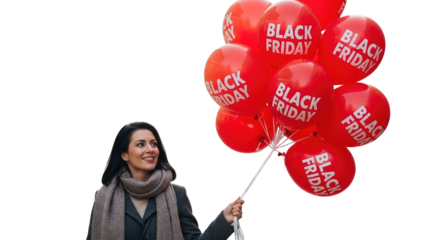 A woman holding a bunch of red balloons with black friday printed on them, isolated on transparent background