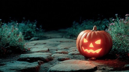 Halloween Pumpkin with Glowing Face on Dark Forest Path: Scary Concept, High-Res Photo (Fine Details, Natural Light, Pro Color Grading)
