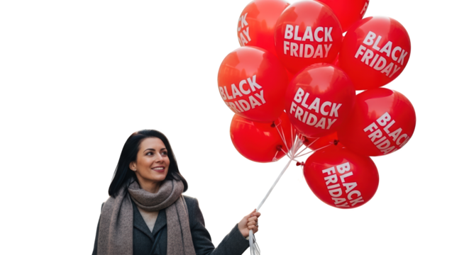 A woman holding a bunch of red balloons with black friday printed on them, isolated on transparent background
