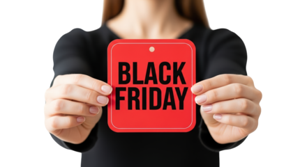 Closeup of hands holding a red black friday sale sign, isolated on transparent background
