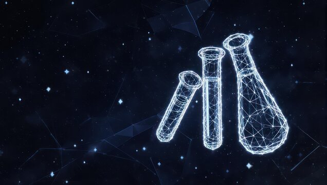Futuristic science research concept with glowing test tubes against a cosmic backdrop, perfect for innovative technology and medical advancements marketing - Powered by Adobe