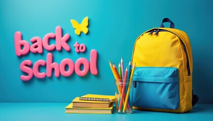 Yellow backpack, books, pencils in jar, and pink Back to School text on blue background. Bright, colorful scene for education, learning, and academic concepts. Butterfly accent.