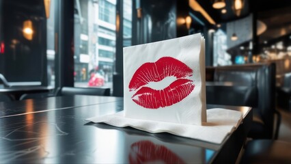 Romantic red lipstick kiss on a napkin at a trendy bistro, perfect for Valentine's Day promotions, dating app ads, or restaurant social media campaigns
