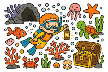 Fototapeta premium Undersea Adventure Doodles. Colorful Hand-drawn doodle Children illustration Exploring Hidden Caves diver, fish, coral, seashell, starfish, treasure chest,