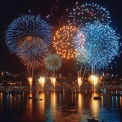 Fireworks display over a body of water at night.  Colorful bursts of light explode in the dark sky, reflected in the water below. City lights are visible in the background
