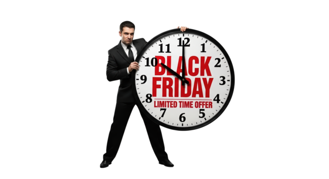 Man in a suit holding a large clock with black friday and limited time offer written on it, isolated on transparent background