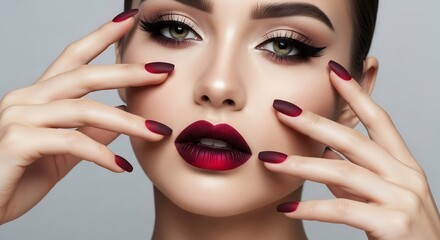 Close-up of a beautiful woman with professional makeup, featuring dramatic winged eyeliner, seductive ombr&eacute; lips, and manicured nails, embodying sophisticated beauty